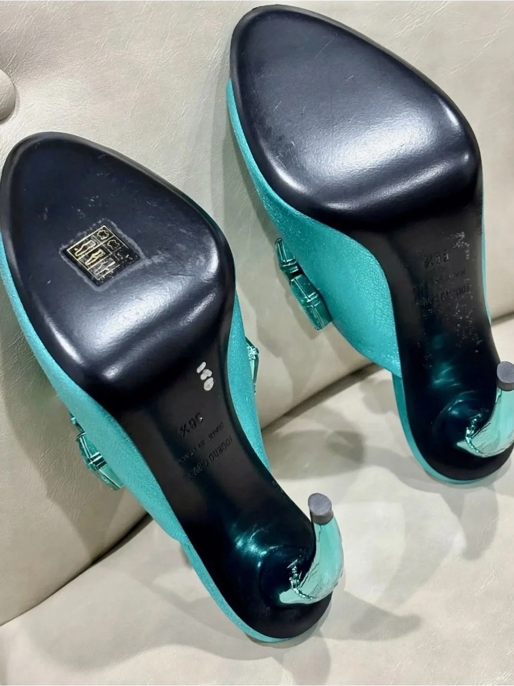 Roberto Cavalli  Turquoise Crystal Heels  EUR size 36.5.   US 6. Comes With COA.